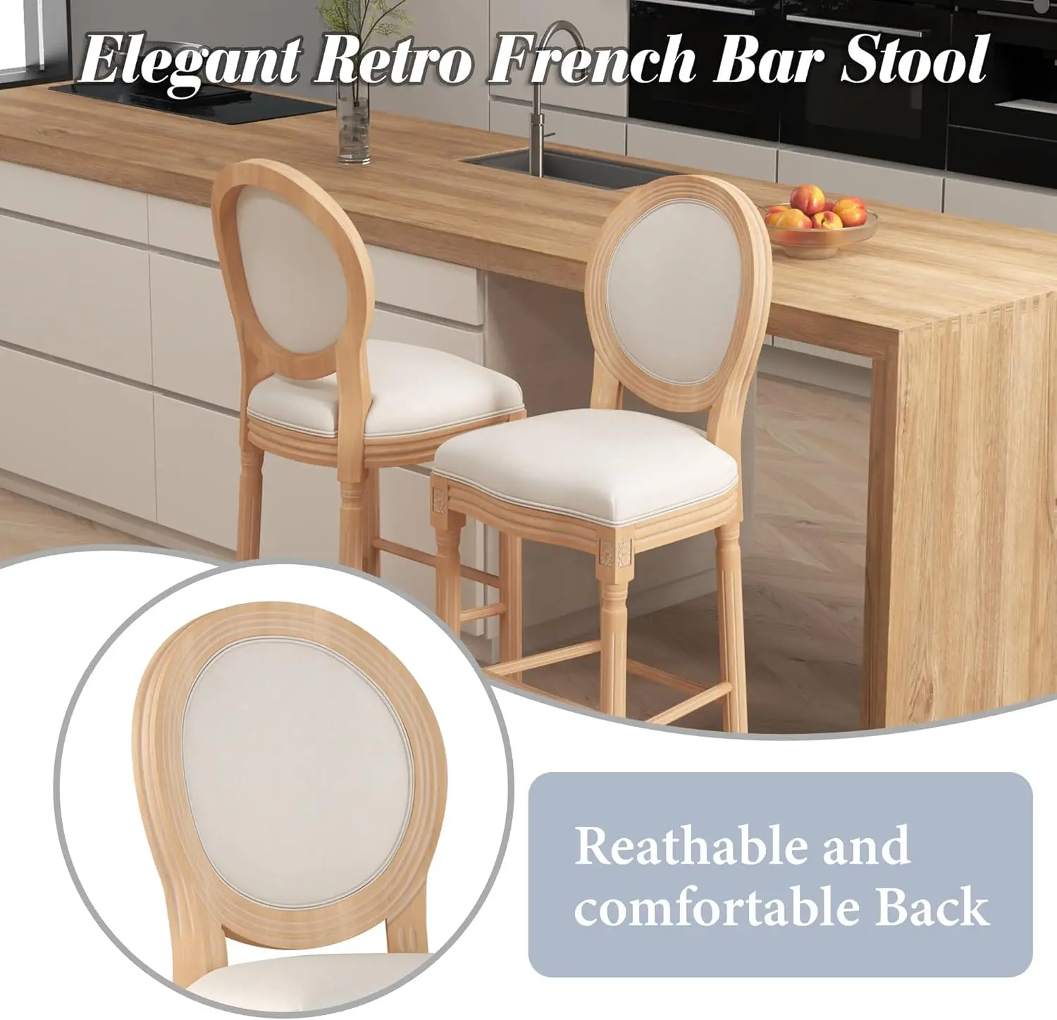 30-Inch French Country Bar Stools Set Of 2, Farmhouse Barstools With Solid Wood Frame And Fabric Upholstered Backrest, Rattan