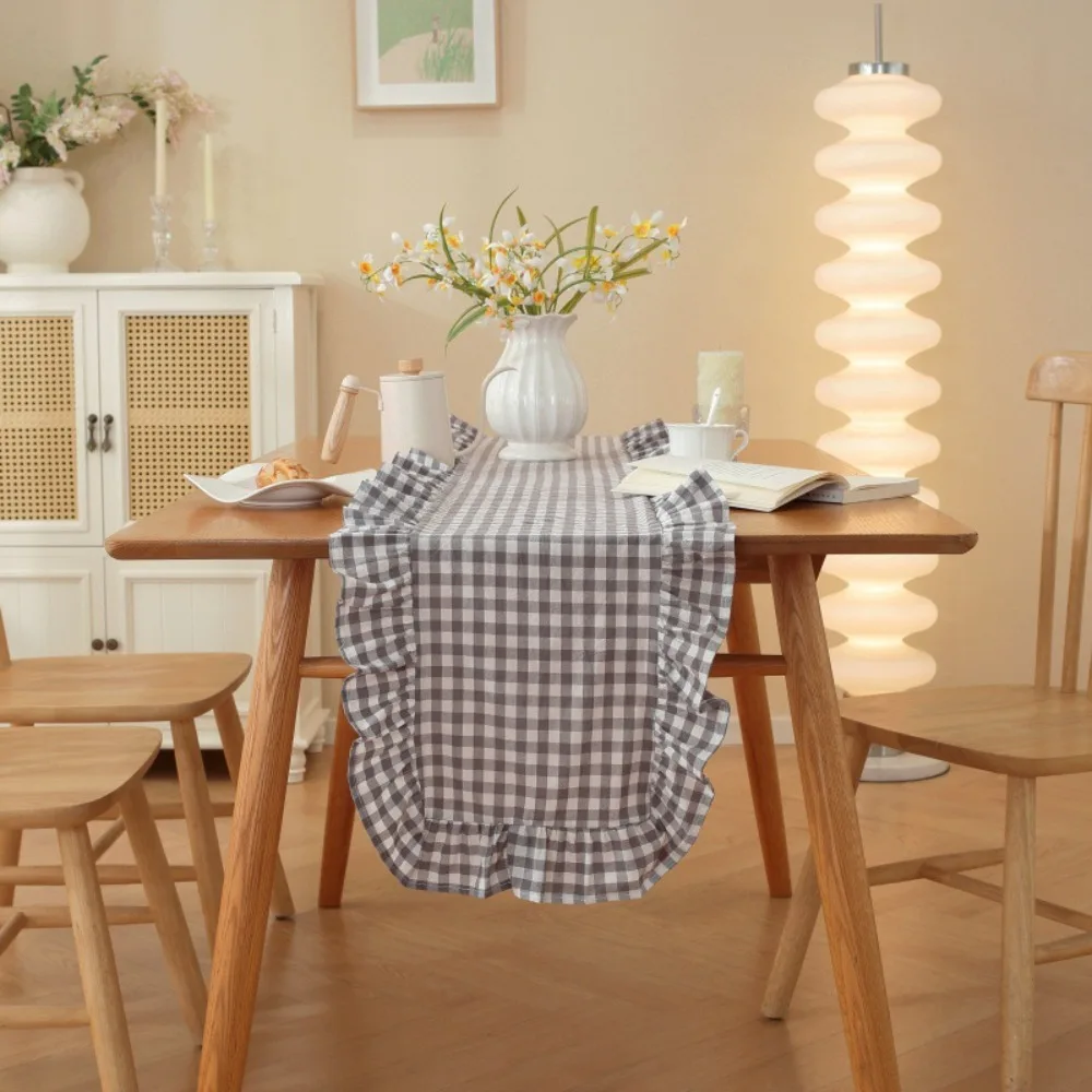 Washed Cotton Table Runner Gingham Check Soft Runner Washed Cotton Ruffle Rectangular Ruffle Edge Table Scarf Dining Room