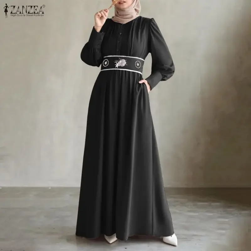 

Мусульманское платье ZANZEA, халат Рамадана, Абая, осень 2021, вышитые платья, женский сарафан на пуговицах с длинными рукавами, кафтан, изозиционная одежда