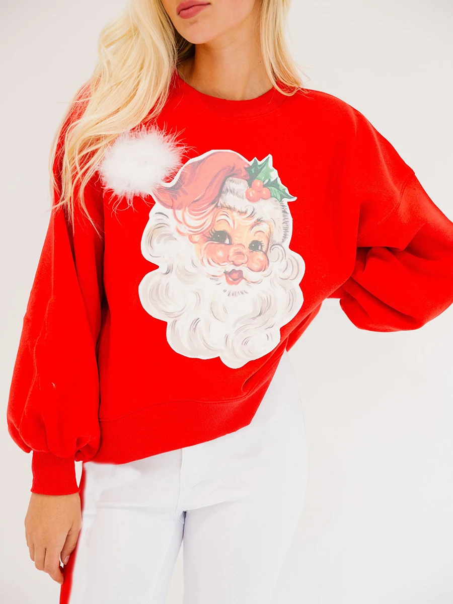 Women s Christmas Loose Sweatshirt Long Sleeve Round Neck Santa Claus Pullover