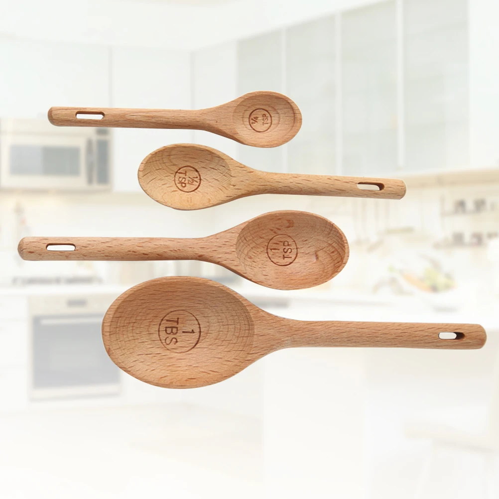

4 Pcs Wooden Measuring Spoons Set Engraved Accurate Beech Material Non Toxic Environmental Friendly Easy Weighing Dry Liquid