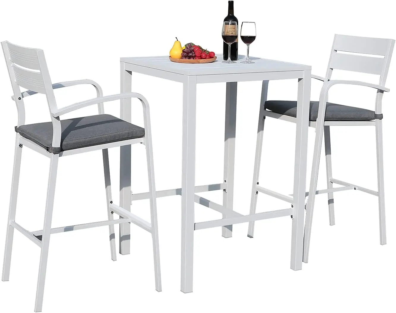 

3-Piece Outdoor Bar Height Table and Chairs Set, Counter Height Bar Stools with Cushions & Slatted High Top Bar Table for Patios