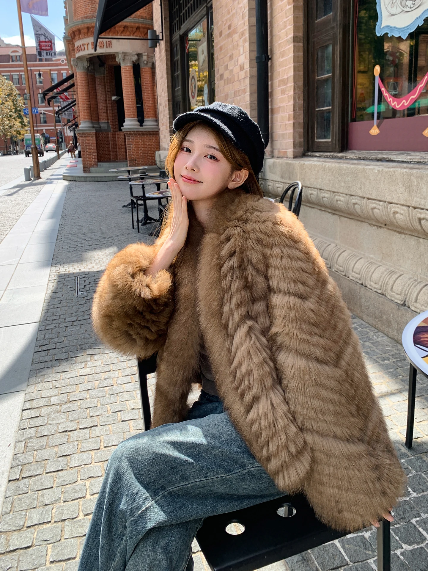 

Rayfei ort Fur Coat Women's Jaet Color adient Car Stri Slimming Hair Collar Casual Commute Sle