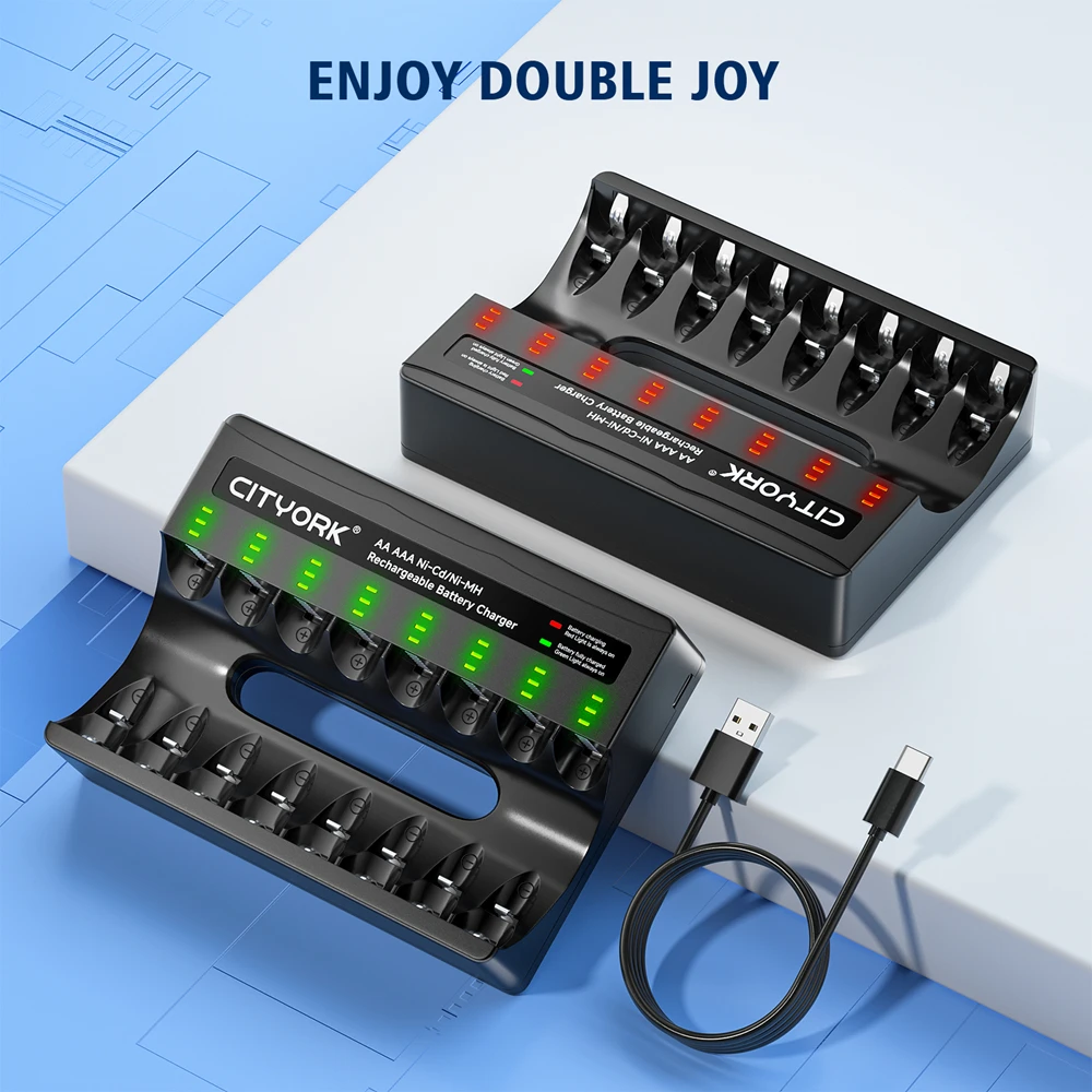 Cityork-充電式バッテリーインジケーター充電器,8スロットLCDディスプレイ,USB-C, NI-MHAA,aaa,1.2v,高速スマート充電