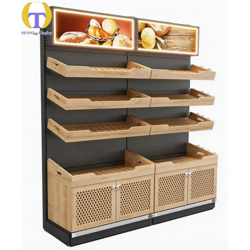 

custom.LED Lighted Metal Wood Bakery Display Shelving | Adjustable Heavy Duty Tiered Supermarket Shelves Customizable Size Color