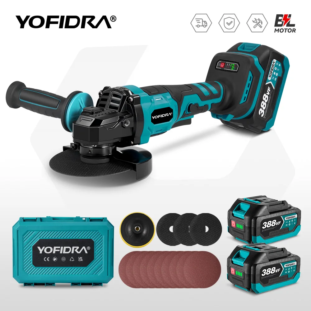 YOFIDRA 125mm Brushless Electric Angle Grinder 3 Gears Metal Wood Grinding Polishing Cutting Tool For Makita 18V-21V Battery