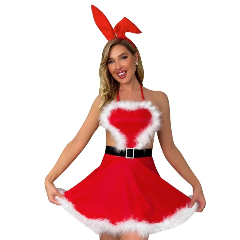 Women s Christmas Cosplay Costume Sleeveless Halter Neck Belted Santa Dress for Themed Party