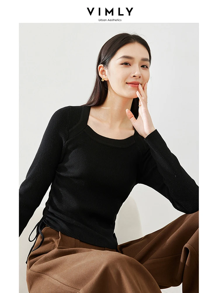 Vimly Black Pullover Knitted T-shirt Square Collar Long Sleeve Tops for Woman 2023 Autumn Winter Side Folds Slim Tshirt 72590