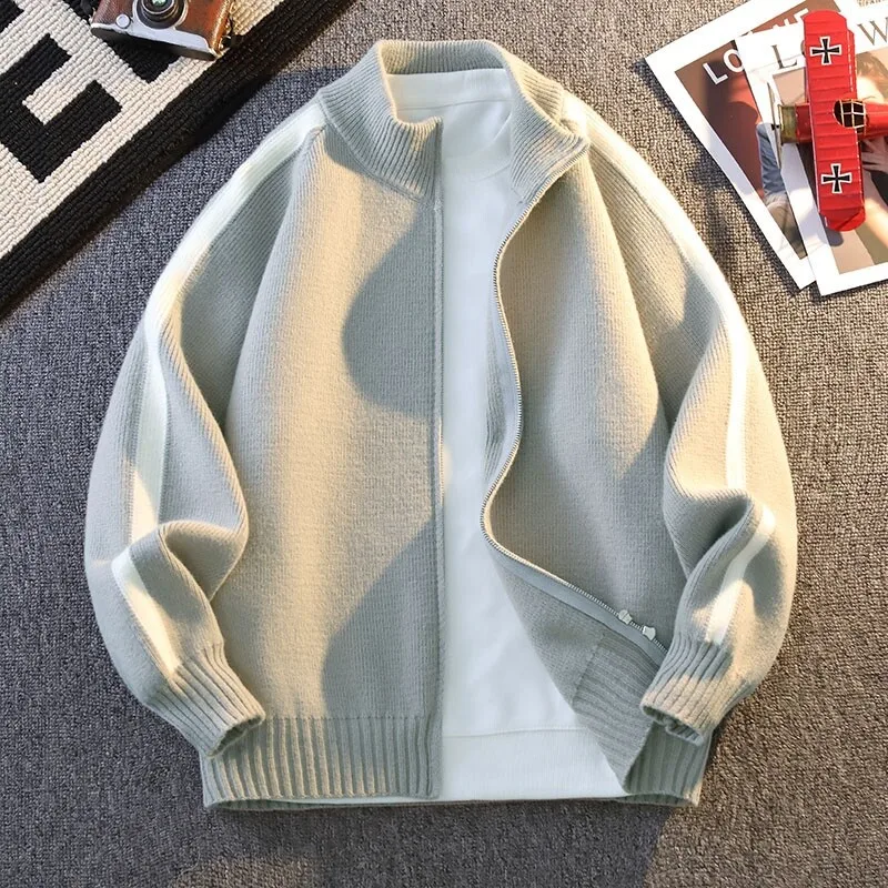 

Fashion Knitted Zipper Cardigan Men Striped Long Sleeve Stand Collar High Quality Sweater Top Autumn Winter Jacket Knitwear Coat