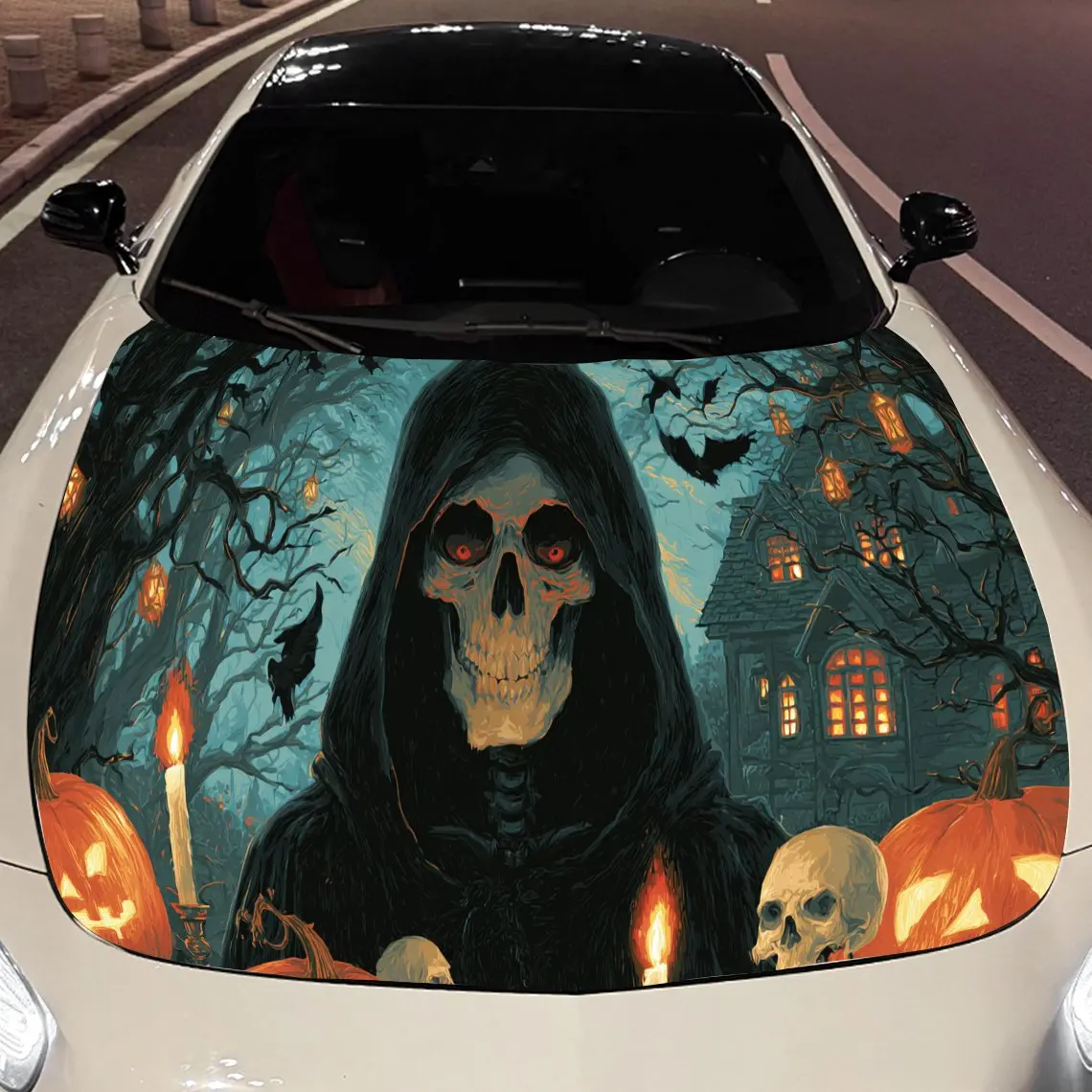 

Дом-призрак и жуткий Хэллоуин, мрачный жнец, наклейка на капот двигателя автомобиля, авто виниловые обертывания, водонепроницаемая самоклеящаяся наклейка на автомобиль,