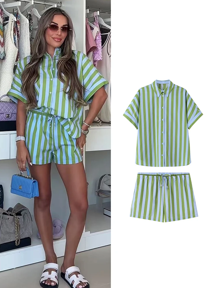 TFMLN Sommer Neues Damen Freizeit-Hemd-Shorts-Set Gestreiftes Langarm-Hemd mit Knöpfen Lose Hochgeschnittene Shorts 2026 Modisches Outfit