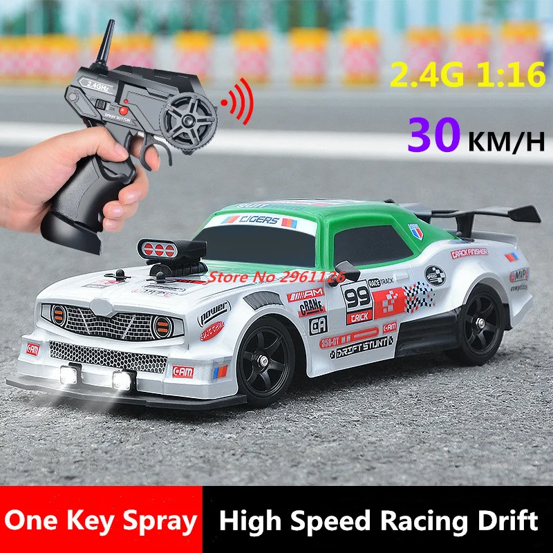 

1:16 Light Spray Drift RC Car 30KM/H Высокоскоростной гоночный автомобиль Спрей с одним ключом RC Drift Racing Car Flash Светодиодный светильник для взрослых и детей