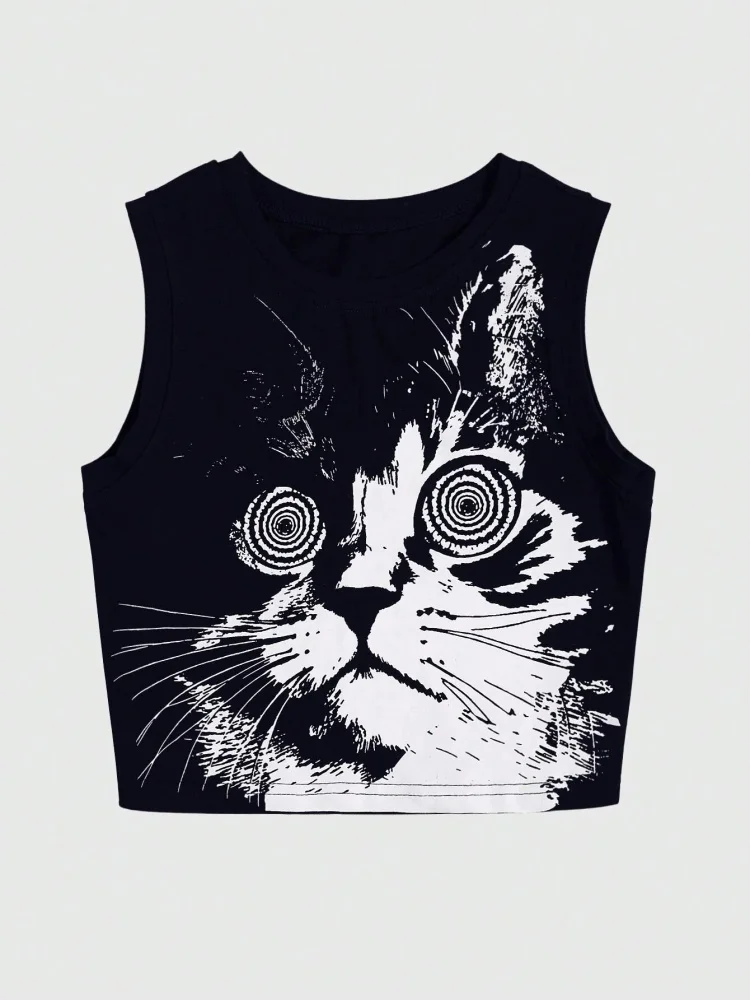 Cute Cat 3D Printed Women's Casual Crew Neck Sleeveless Vest Street Trend Fashion Women's Top Tight Matching Women's Vest