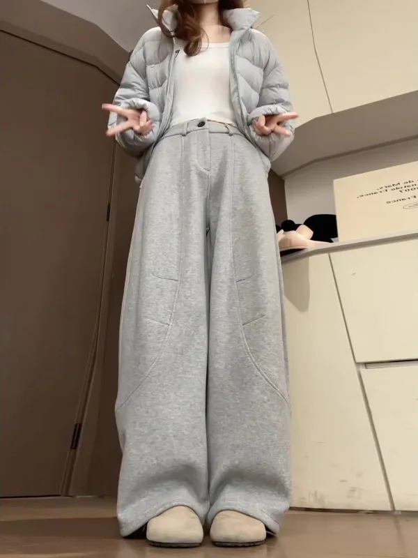 

Женские брюки больших размеров с изогнутым кроем, осенне-зимние, плотные, свободные, с высокой талией, прямые, повседневные