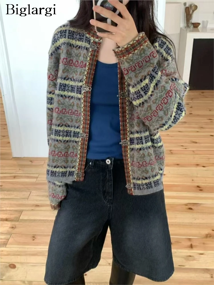 

Вязаный осенний кардиган в корейском стиле, женский модный женский кардиган с цветочным принтом, свободный женский свитер с длинными рукавами, пальто