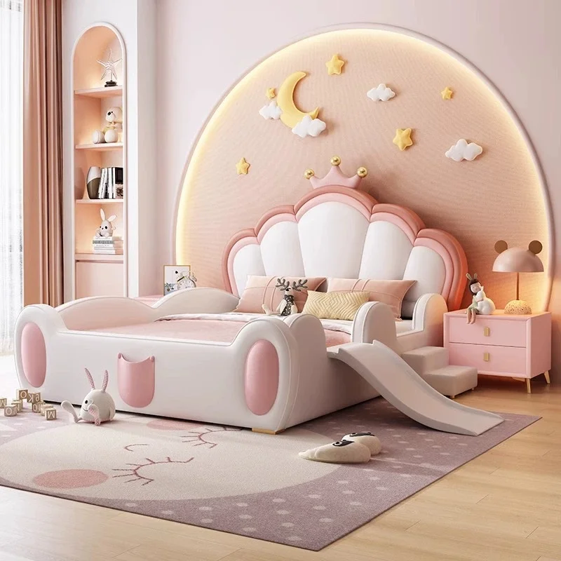 !@Wholesaler Children Parapet Beds Kids New Crown Design Bed Boy Cute Double Kids Pink Bed With Stairs Slide Bedroom Furniture S