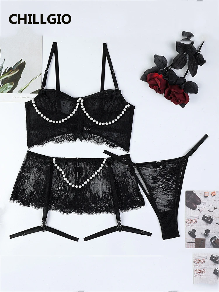 

CHILLGIO Women Transparent Bra Brief Suits Fasion Ins Pearl Push Up Lingerie Cute Girl Lace Underwear Sets Erotic Sexy Clothing