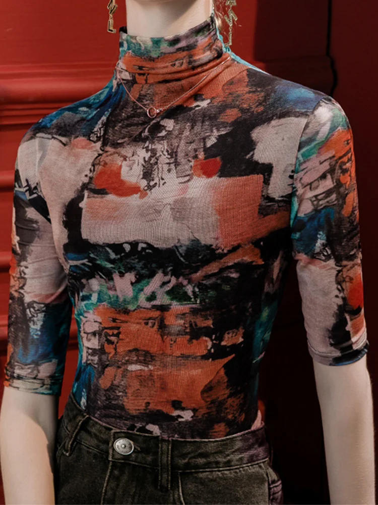 Winsleter Streetwear Tshirt Half Sleeve Elastic Tshirts Women Sexy Turtleneck Printed Slim Mesh Tops Autumn Winter T38472JM — zdjęcie 3