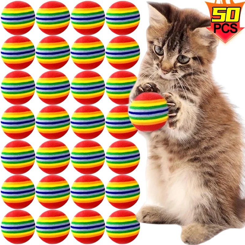 50/10Pc Colorful Cat Toy Ball EVA Bite-Resistant Elastic Rainbow Ball Kitten Puppy Chewing Training Interactive Toy Pet Supplies