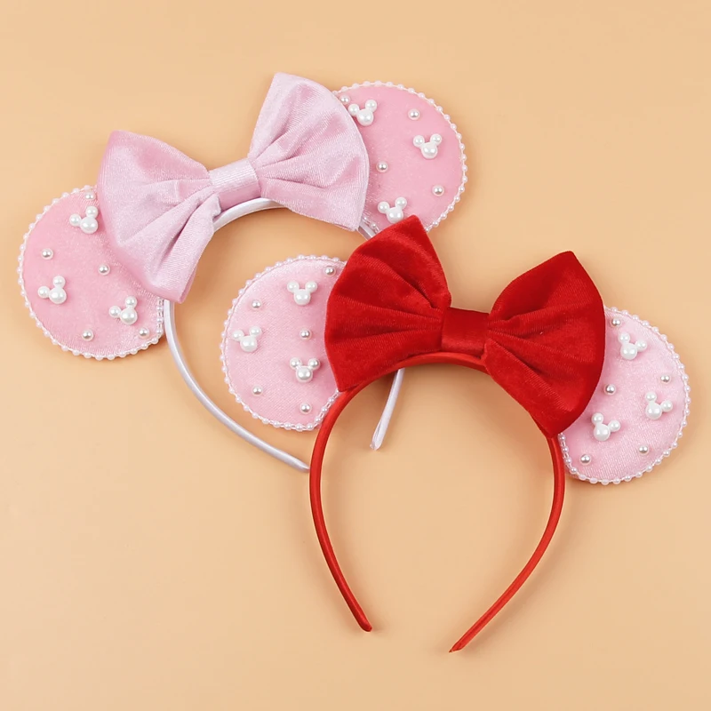 Chic Boutique Pearls 3.3 "Mouse Ears Headband 5" Velvet Bow Hairband For Girls Festival Party Cosplay DIY Women Hair Accessories view 5