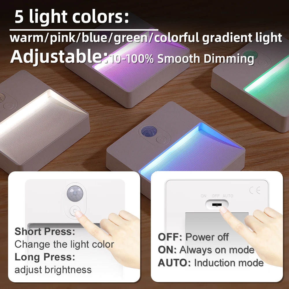 Motion Sensor LED Light Smart Night Lights USB Rechargeable Dimmable Multicolor Bedroom Bedside Table Kitchen Closet Stair Room