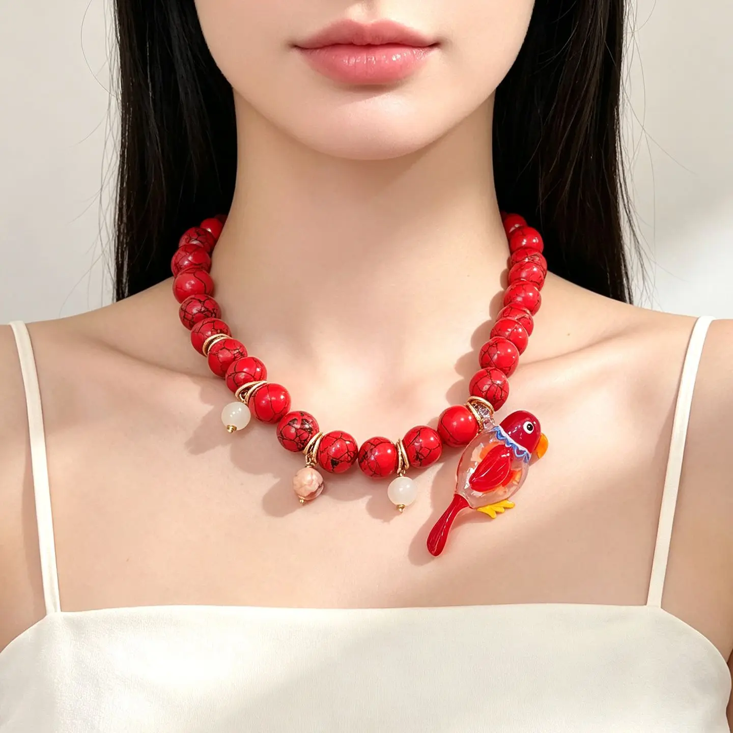 Dopamine Dried Flower Bird Pendant Necklace Cream Pearl Natural Red Stone beaded Choker Necklace Clavicle Chain for Women Girls