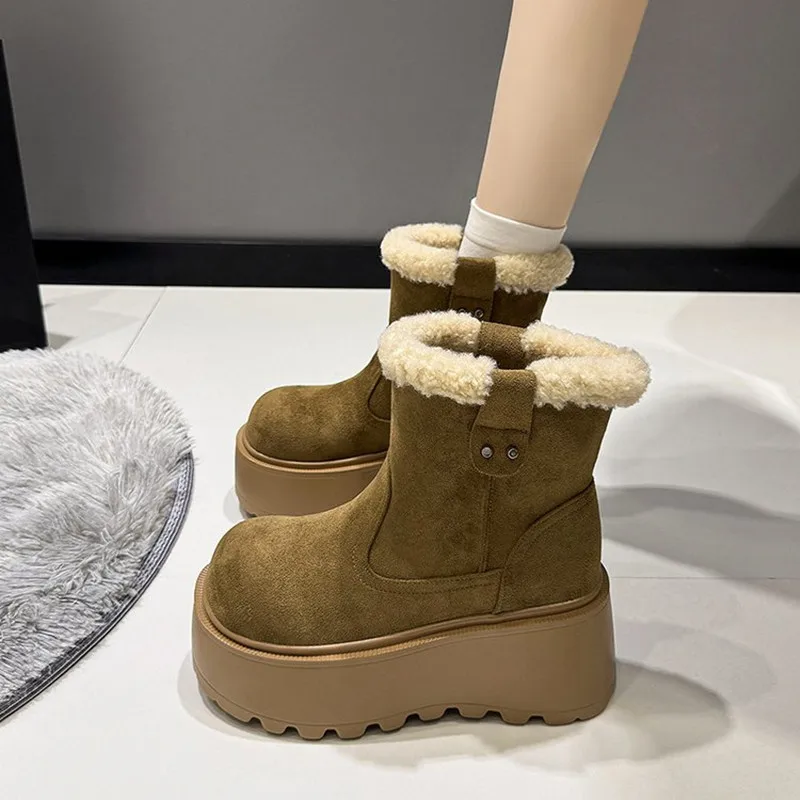 2026 سميكة القاع الدافئة المضادة للانزلاق القطن الثلوج الأحذية النسائية الشتاء عالية الكعب صوف مبطن الجوارب عدم الانزلاق المطاط وحيد حذاء من الجلد