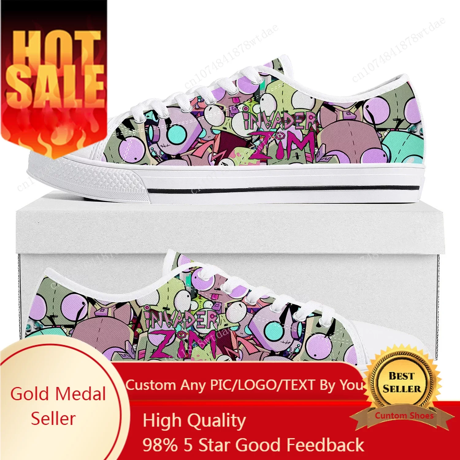 Low Top Canvas Sneakers para homens e mulheres, desenhos animados de anime, manga em quadrinhos, sapatos personalizados, tênis baixos, adolescente, casal invasor, alta qualidade