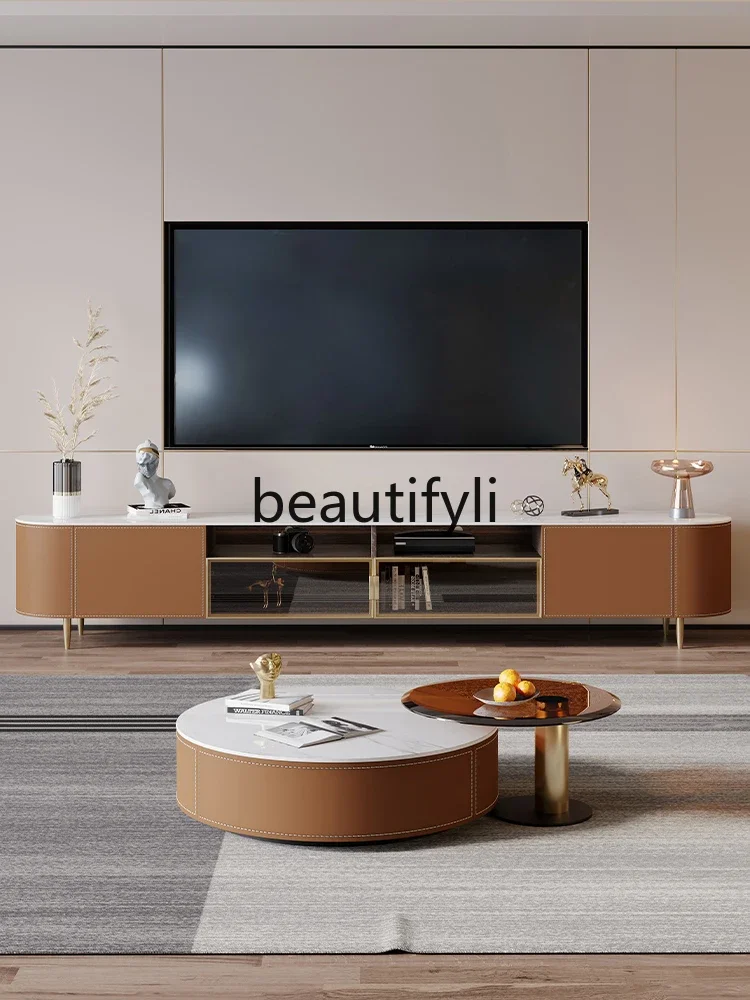 

Italian minimalist saddle leather coffee table TV cabinet combination minimalist rock slab round coffee table