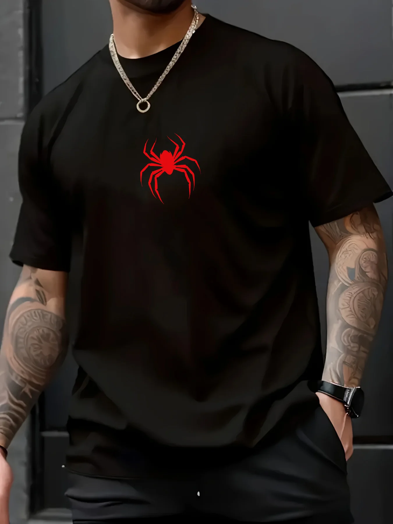 

Men'S Cotton T-Shirt with Red Spider Graphic, Casual Crew Neck,Slight Stretch, Novelty Sports Tops, Spring/Summer/Fall - Black