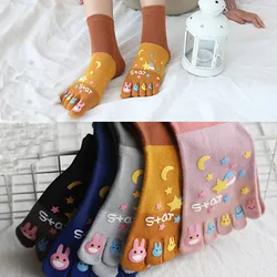 3 Pairs Women's Funny Socks with Toes Cute Moon Star Rabbit Print Socks Short Young Woman Girls Cotton Novelty 5 Fingers Socks