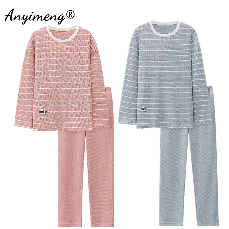 Spring Autumn His and Hers Pajamas New Fashion Nightwear Long Sleeved Stripe Printing Waffle Cotton Couple Pijama Sleepwear