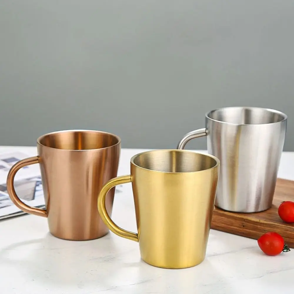 300ml Double-Layer Water Cup Home Dining Drinkware Mugs 304 Stainless Steel Beer Cup Gold Sliver Coffee Mugs With Handle