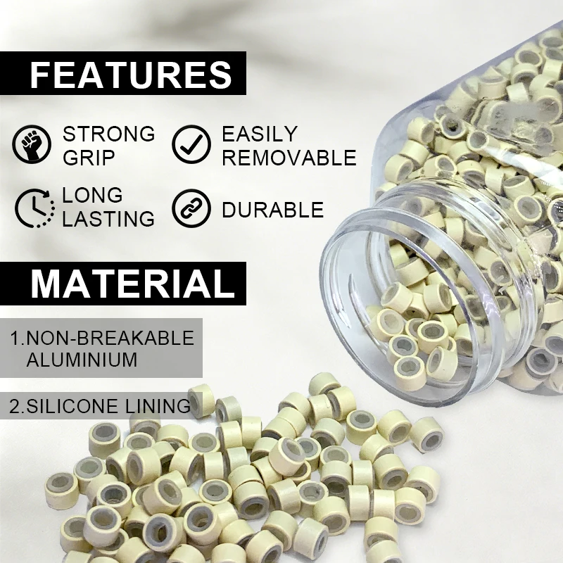 1000Pcs 5mm Silicone Lined Aluminum Micro Rings Hair Extension Beads Anti‑Slip Crimp Micro Links For I Tip Human Hair Extensions