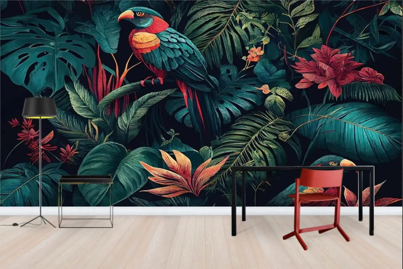 

Custom size 3d wallpaper Rainforest plants flowers Macaw background mural Home decoration flowers and birds decorative painting