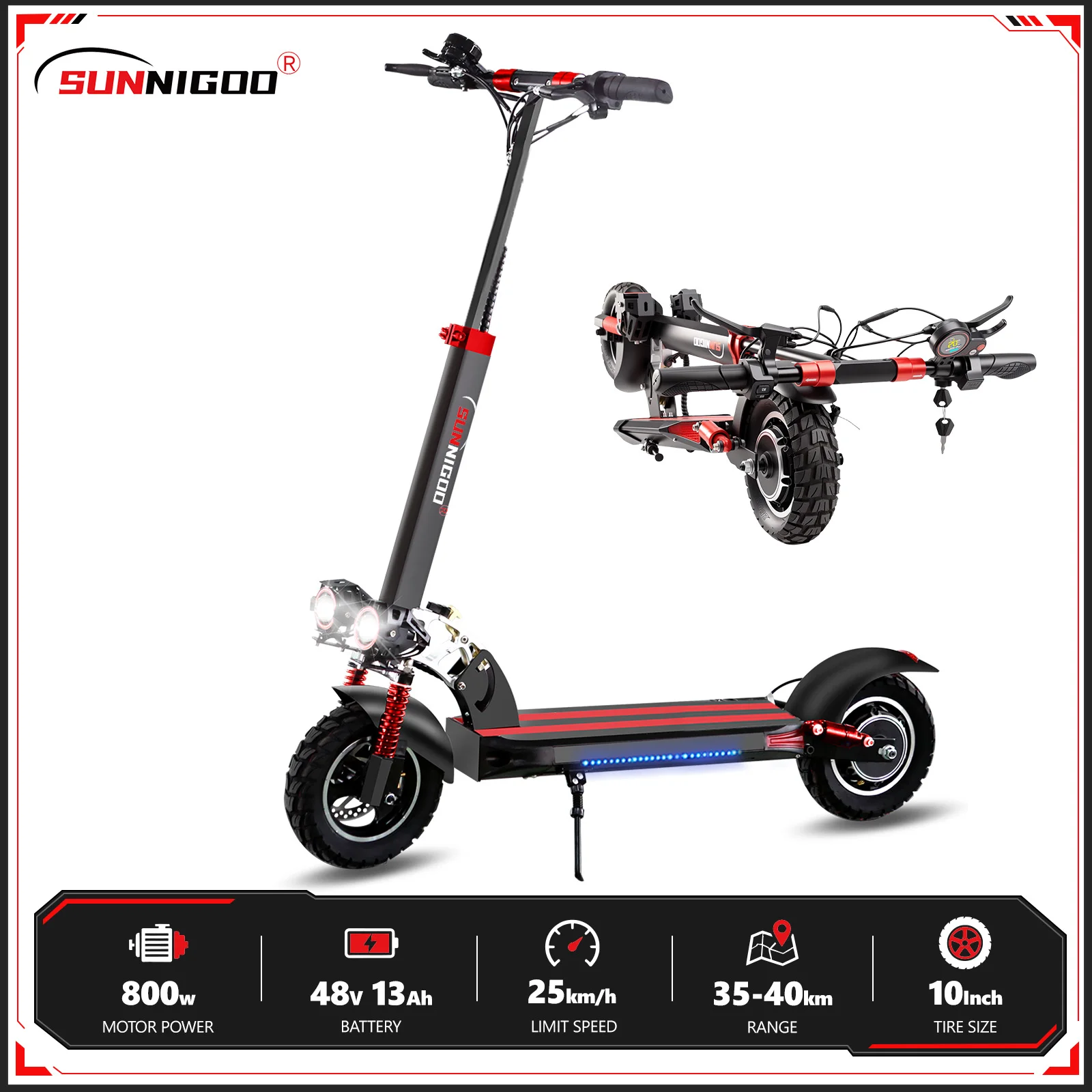 Image of SUNNIGOO N3MAX Elektroroller für Erwachsene, 800 W Motor, 48 V, 13 Ah Akku, doppelte hydraulische Bremse, automatische E-Scooter-Cruise, 10-Zoll-Reifen