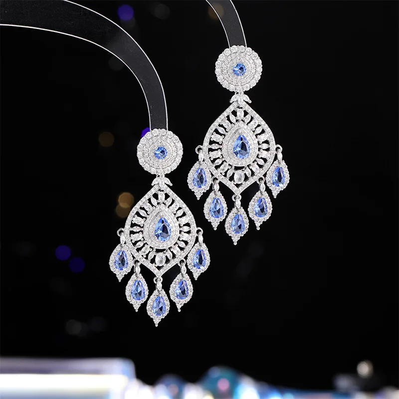 European and American Heavy Craft Light Luxury Colorful Zircon Tassel Long Water Drop Bohemian Earrings Bridal Ear Jewe