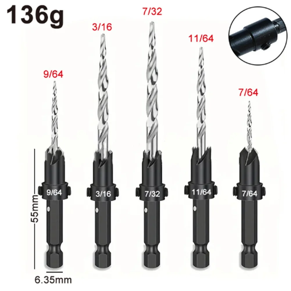 5PCS Adjustable Woodworking Countersink Drill Bit Set Tapered Drill Bit Stop Collars Screw Hole Drill Chamfer Woodworking Tools