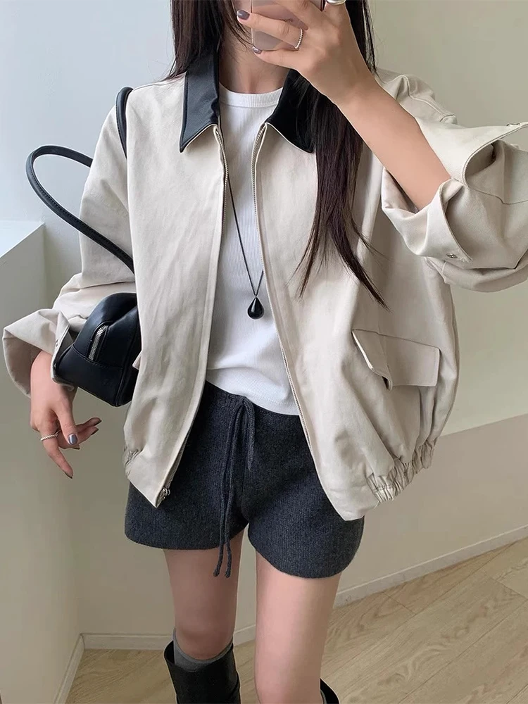 Chaqueta Corta de Cuero PU para Mujer, Estilo Casual, Hoada, con Cuello en Contraste de Color, Manga Larga, para Otoño, Est...