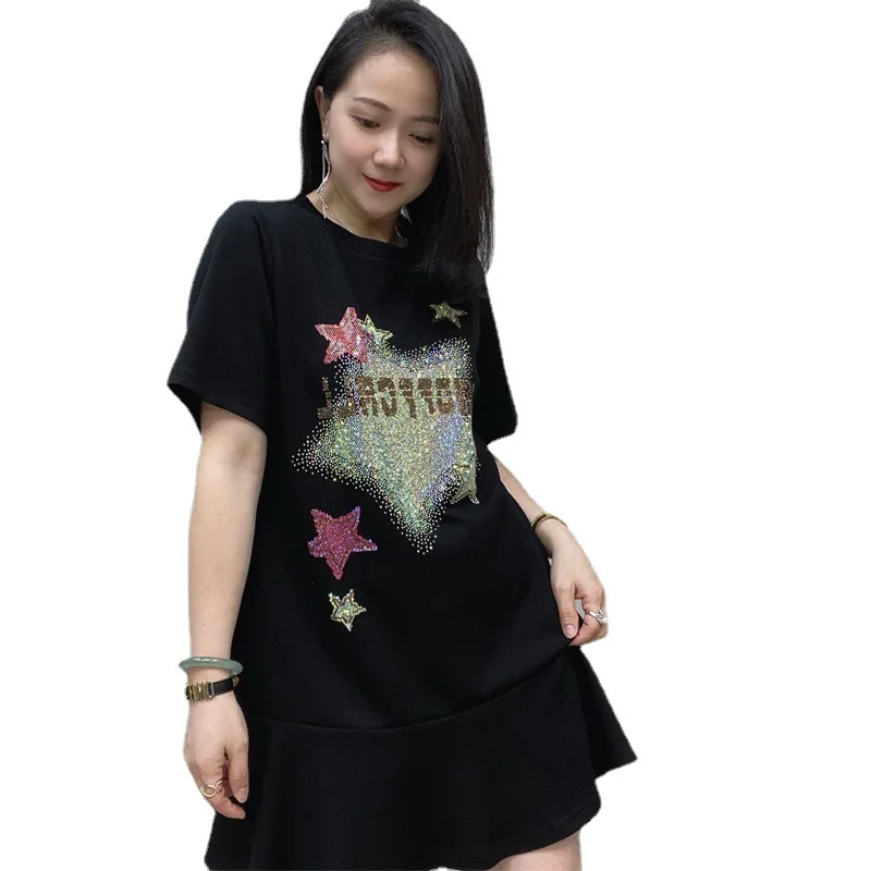 女性のためのファッショナブルな半袖Tシャツドレス,夏のミニドレス,クルーネック,黒,2023