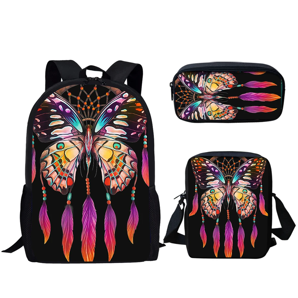 3Pcs/Set Dream Catcher Butterfly School Bag for Girls Boys Fashion School Bag Student Campus Backpack with Lunch Bag Pencil Bag