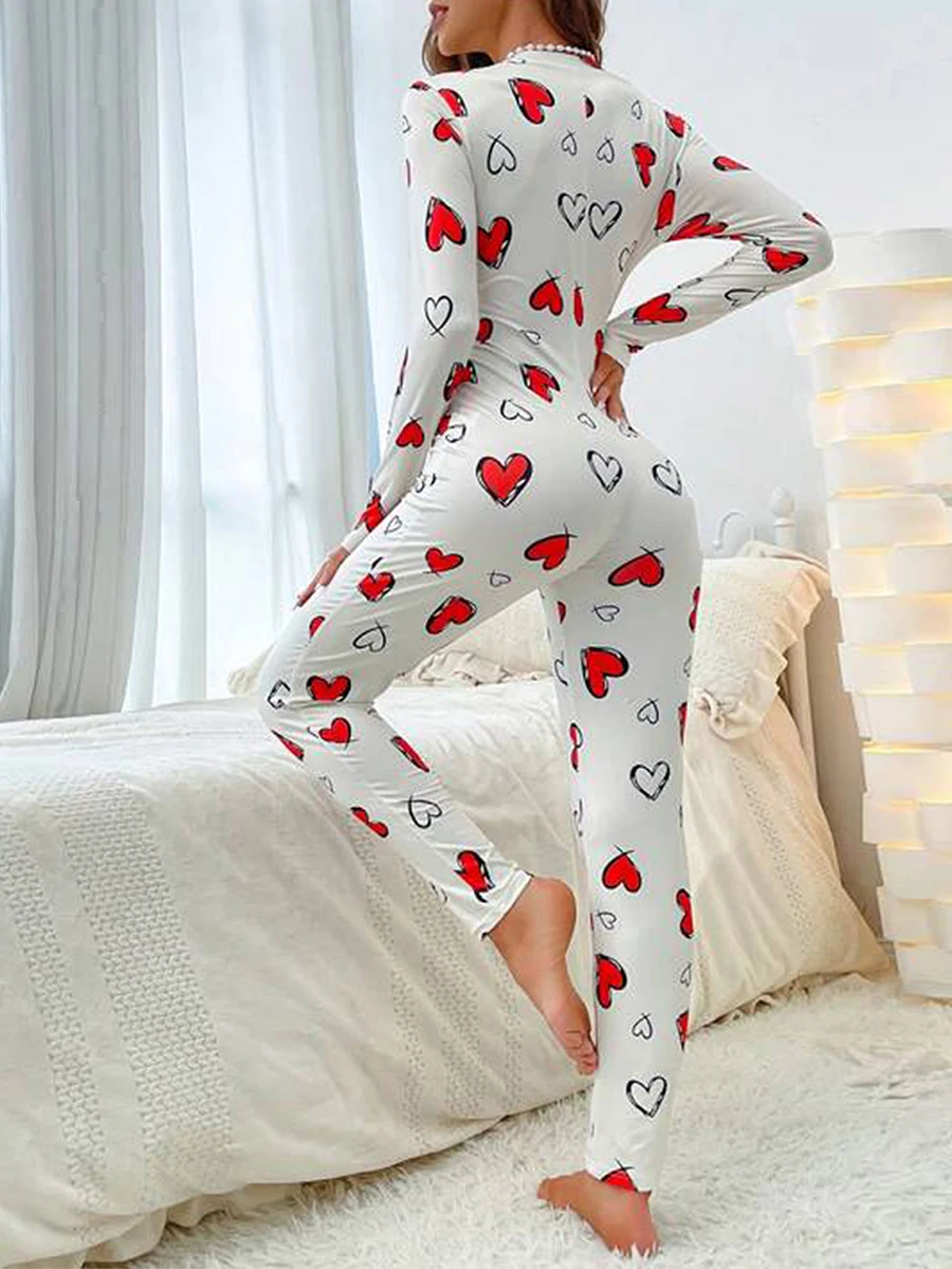 

Women s Valentine s Day Loungewear Jumpsuit Heart Print Long Sleeve V-Neck Front Button Down Bodycon Pajamas