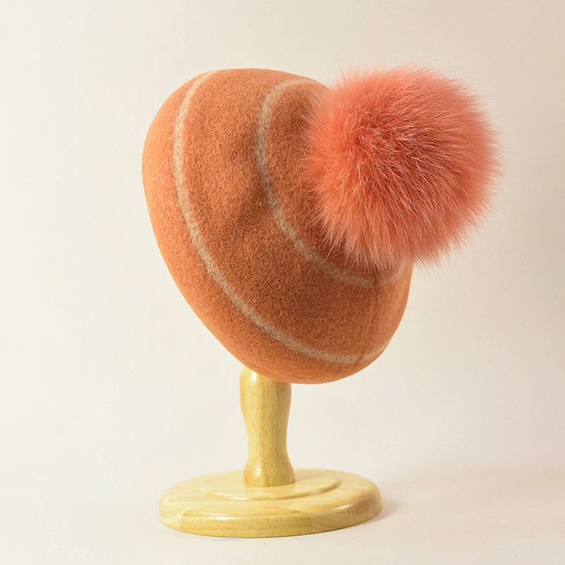 

Beret Pompom Women Winter Hat Wool Felt Real Fox Fur Warm Accessory For Autumn Cold Weather Skiing Outdoor Luxury