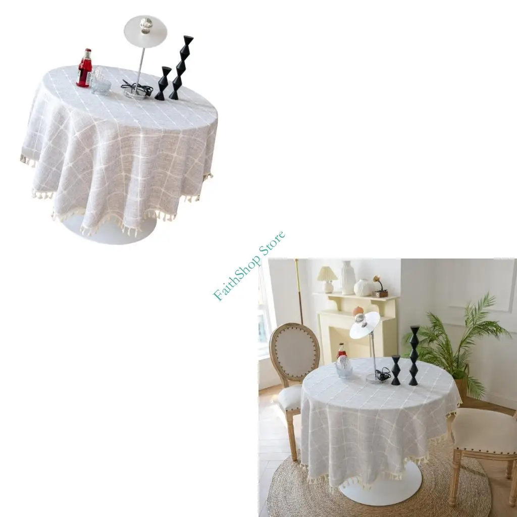 

124E Экологичная круглая скатерть Износостойкая полиэфирная хлопчатобумажная ткань с противоскользящим дном, диаметр 140 см,