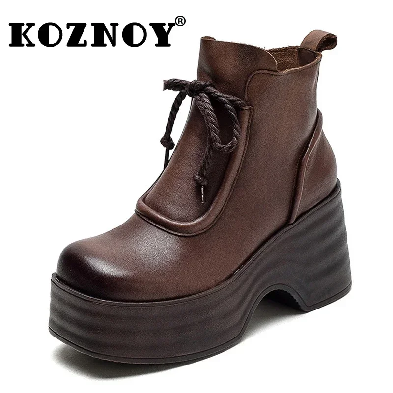 Koznoy 7cm Natural Cow Genuine Leather Platform Wedge Zip Retro Lady Ankle Booties Autumn Spring Women Winter Plush Warm Shoes