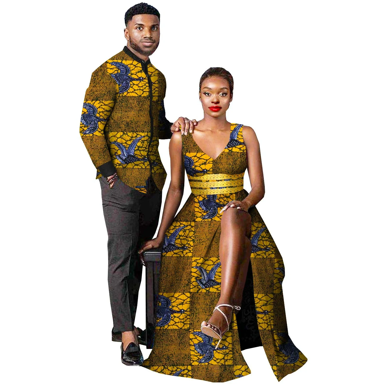 African Print Sexy V-neck Long Dresses for Women Matching Couple Outfits Dashiki Men Top Shirt and Pants Wedding Party Clothes