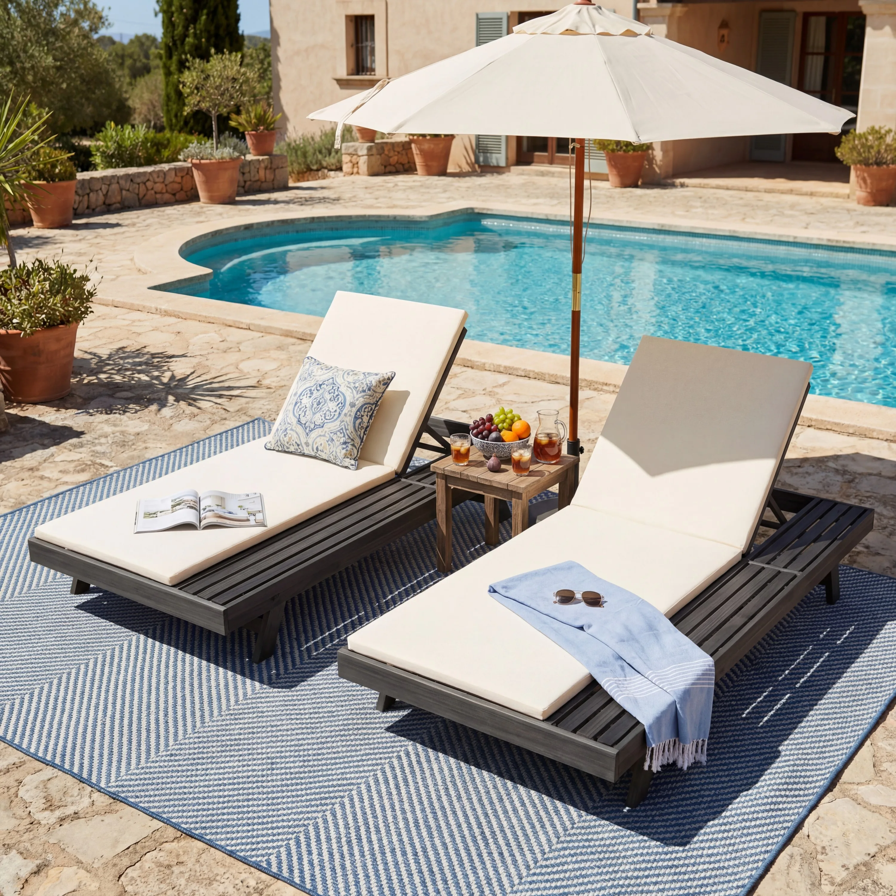 

# Modern Eco-Friendly Outdoor Lounge Chaise Set Acacia Wood Frame Black Water-Resistant Cushions (Cream 2" Thick) Dark Grey/Leaf