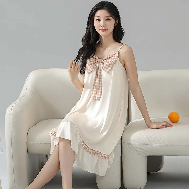 2025 Summer New Ice Silk Thin Sexy Comfort Suspender Nightdress Ladies Sweet Bow Printing Leisure Slash Neck Loose Loungewear