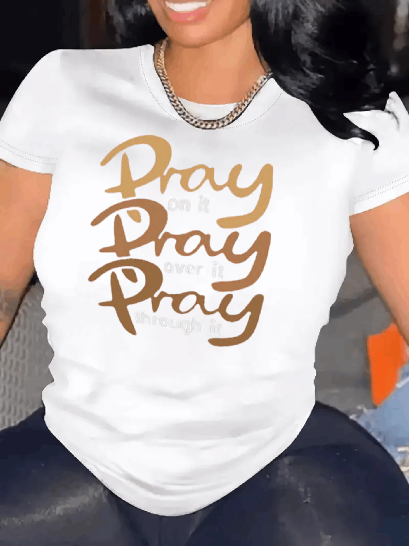 

Pray on It Pray Over It Pray Through Graphic Tees Women Women's Pray Letter Print Round Neck Short Sleeve