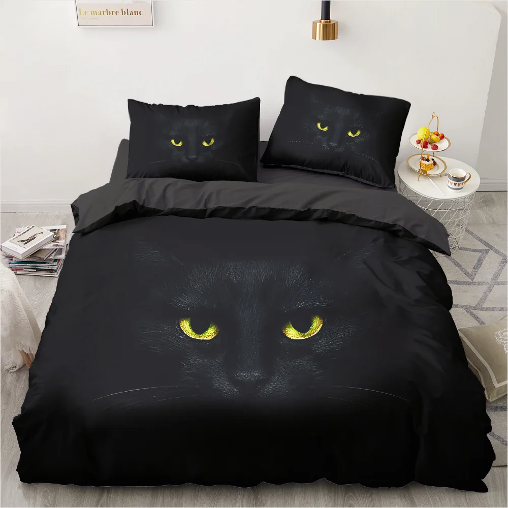 Black Cat Bedding Set King Queen Size 3D Cute Dark Blue Pet Kitty Bedroom Decor Duvet Cover for Kids Teens Adult with Pillowcase